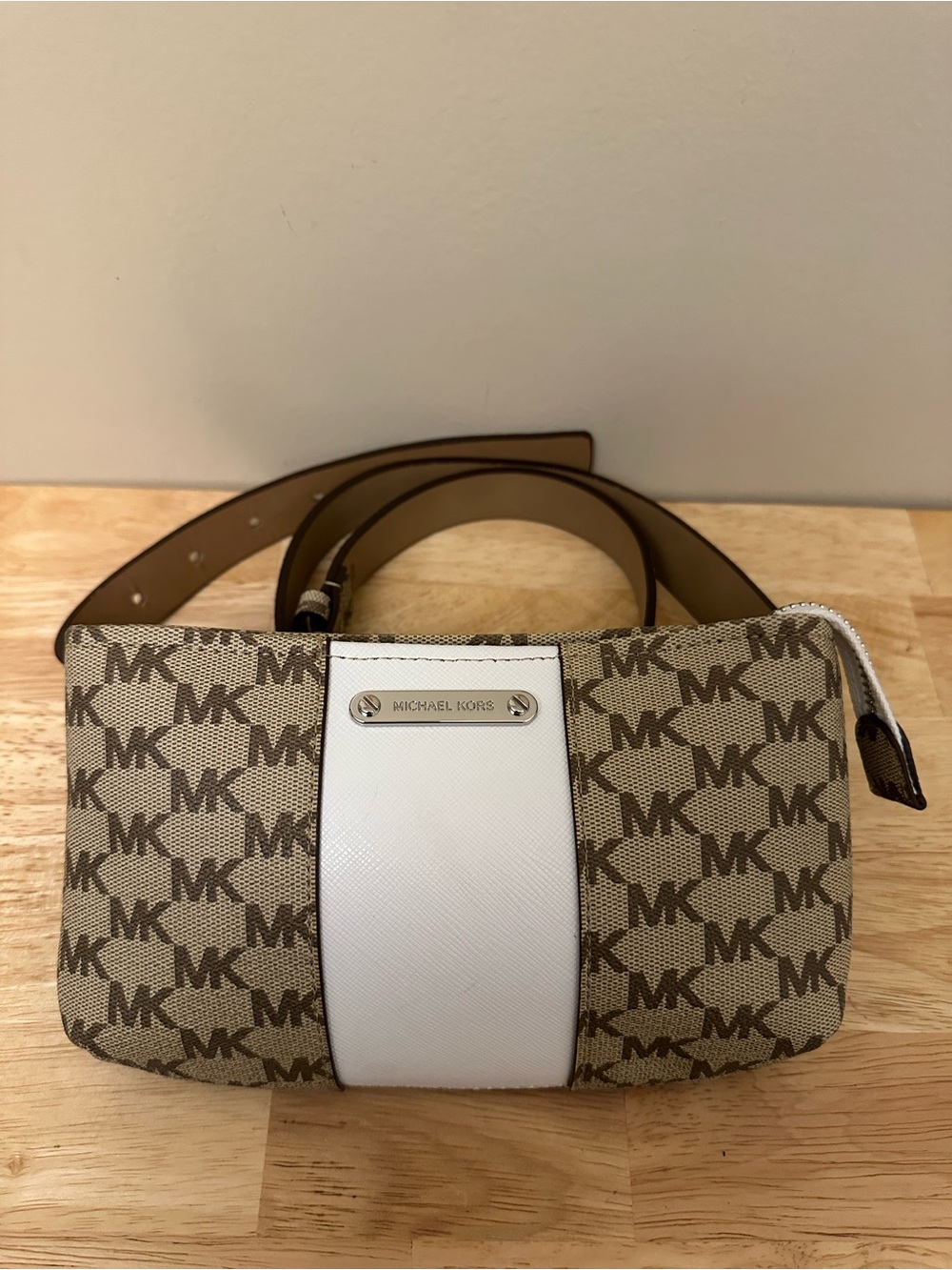 Michael Kors Tan Monogram Belt bag with White Center Stripe